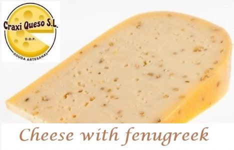 Freshly hand-cut fenugreek Gouda, 48+ raw milk gouda cheese