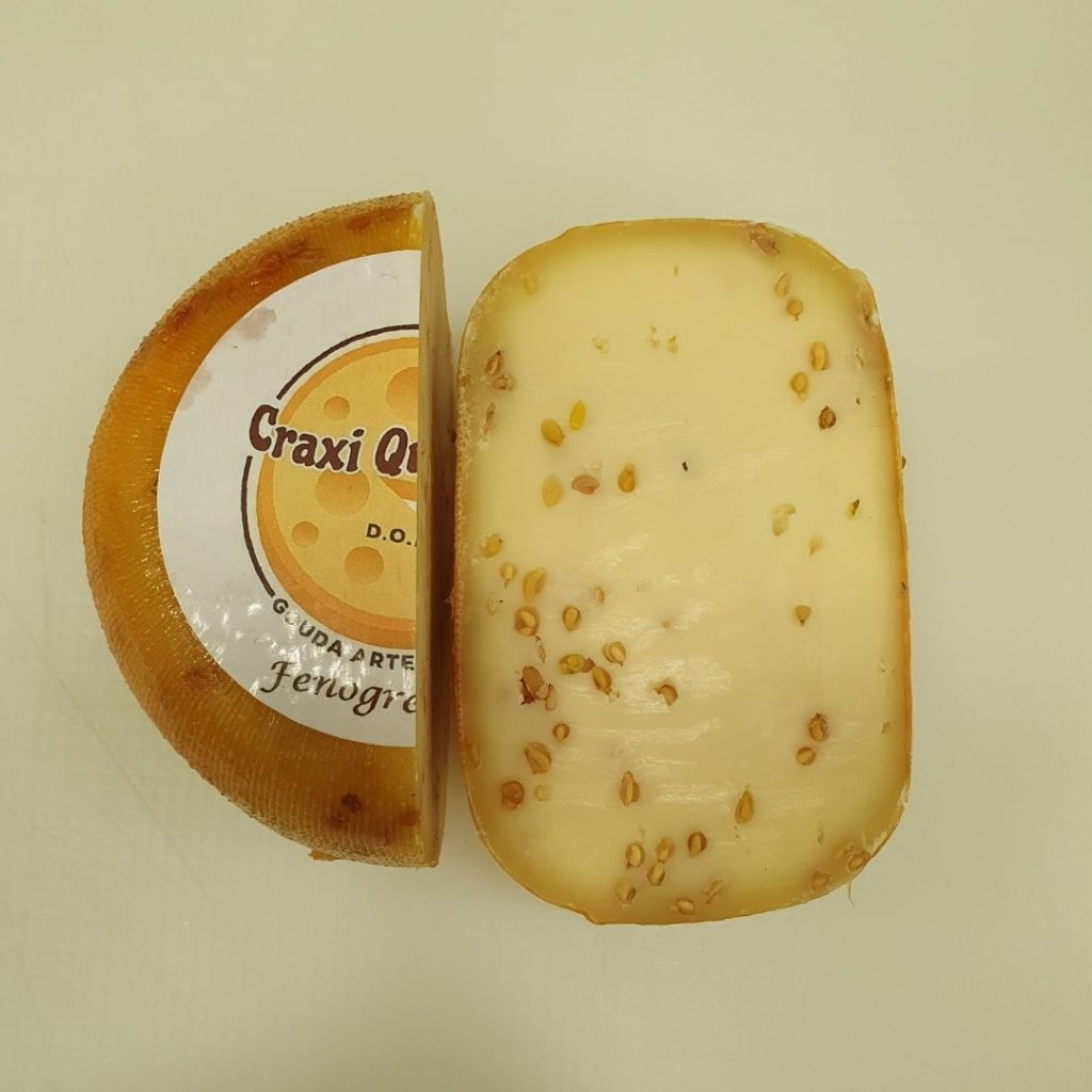 Raw milk fenugreek Gouda 48+, mini cheese wheel weight 500 grams