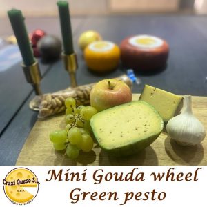 Gouda farmer's mini cheese wheel with green pesto, raw milk Gouda with green pesto herbs
