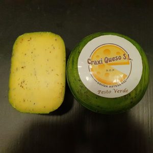 Artisanal raw milk mini Gouda green pesto cheese with green pesto herbs (basil, pepper, garlic, oregano leaf, and paprika) with a cheese wheel weight of ±500gr.