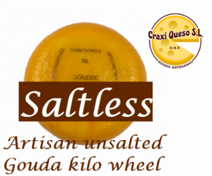 Raw milk saltless cheese for a low-salt diet. Artisan unsalted small Gouda cheese wheel with a weight of approx 1 kilo