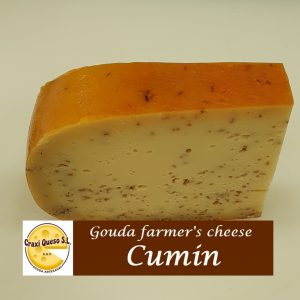 Freshly cut matured Gouda cumin cheese, flavourfull raw milk Gouda farmer's cheese with aromatic cumin seeds