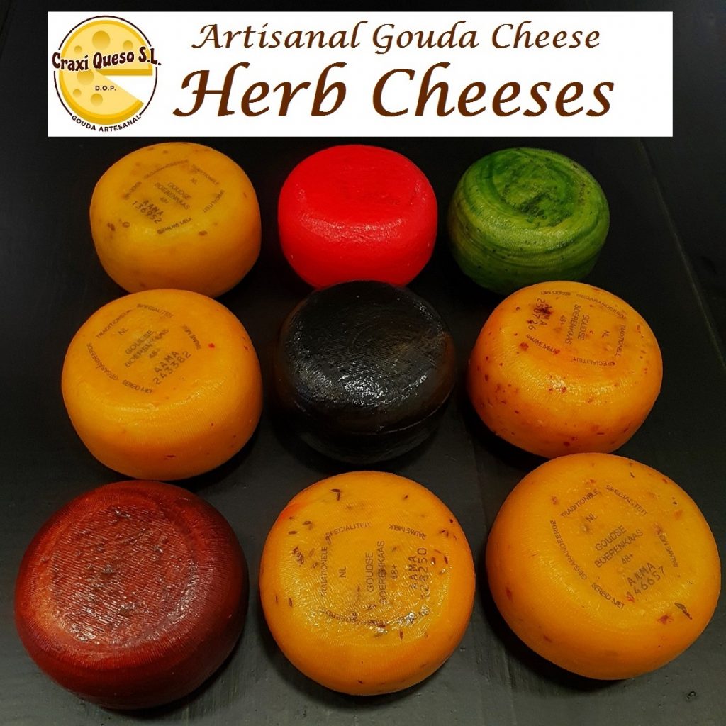 Small artisan cheese with herbs - Raw milk Gouda cheese with cumin, fenugreek, Iberian herbs, chillies, green pesto, red pesto,onion and garlic, Italian herbs and black truffle