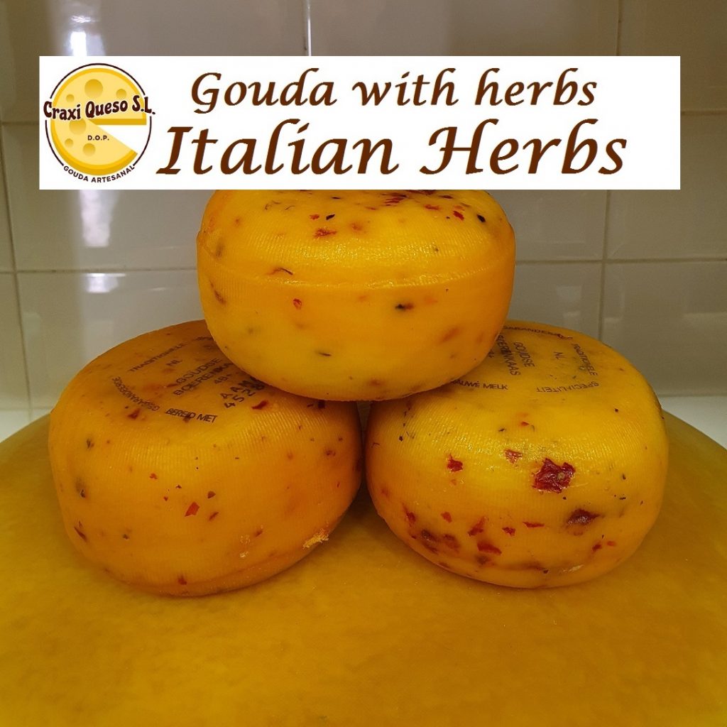 Gouda Cheese Wheels with herbs , Craxi artisan Gouda Cheese with Italian herbs (sun-dried tomato, onion, pepper, garlic, paprika, basil, thyme) made with raw cow's milk