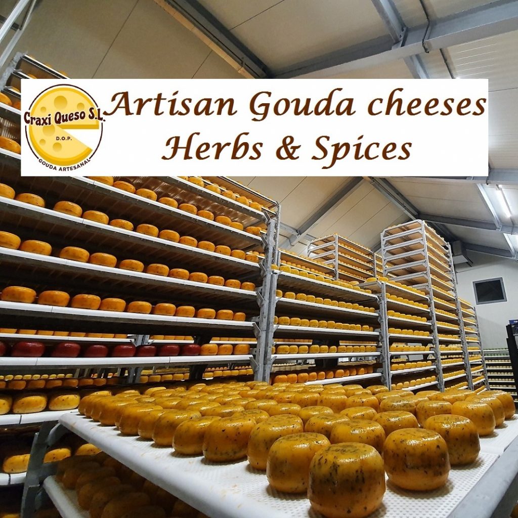 Artisanal aromatic cheese, Gouda cheese made with raw cow milk with spices and fresh herbs