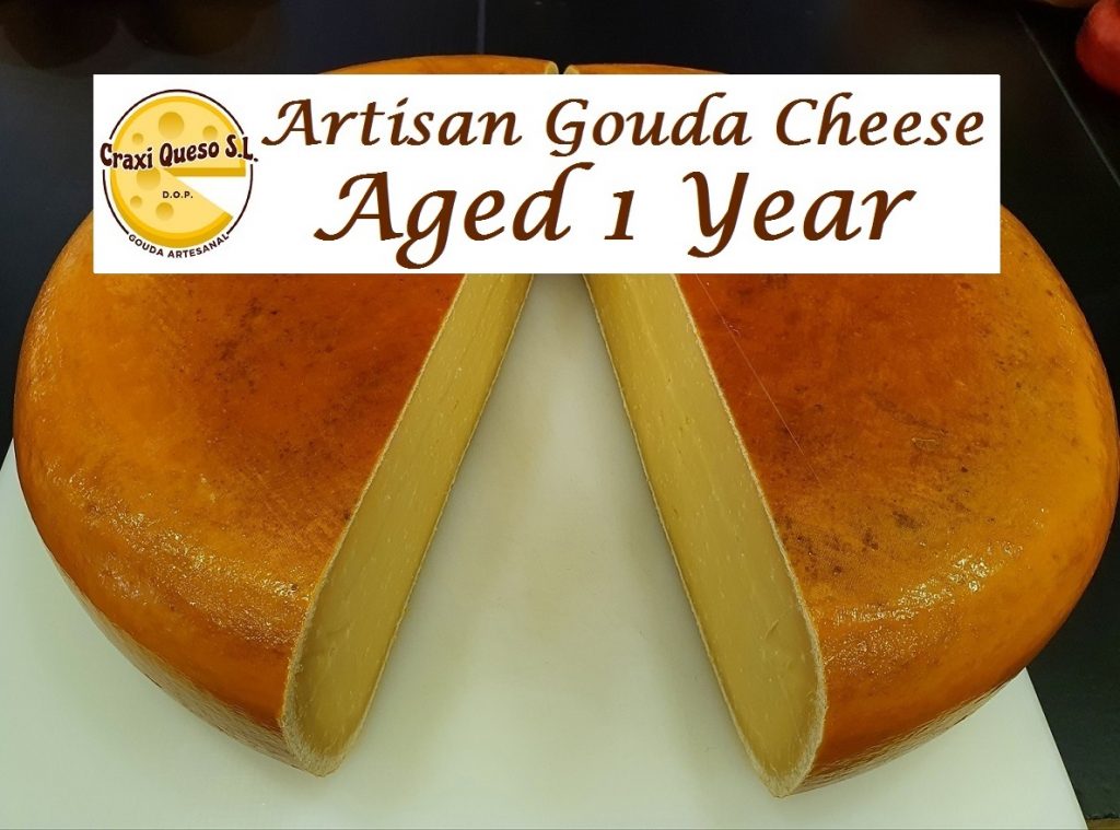 Dutch cheese: A 1-year-aged traditional Gouda cheese made on the cheese farm of raw cow's milk