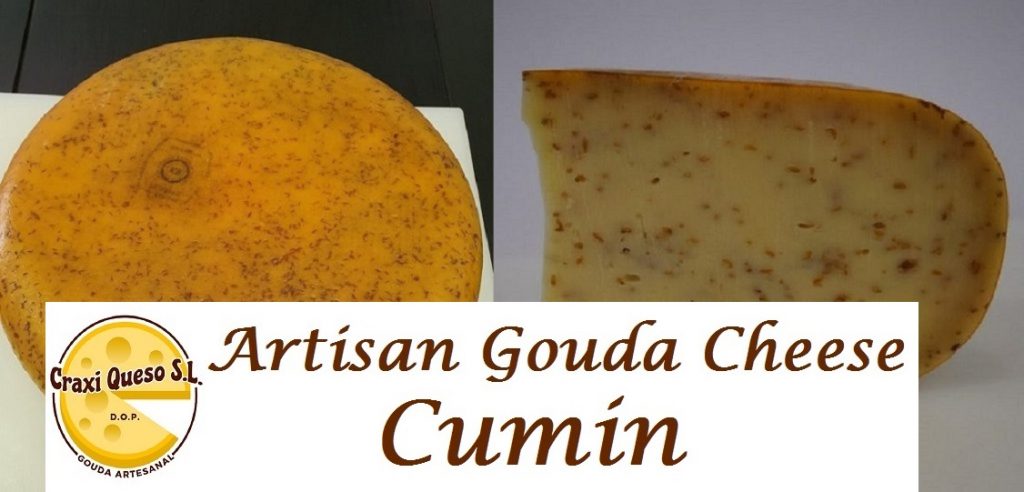 Buy real Dutch Gouda cheese with cumin in Spain. Creamy Gouda with cumin seeds, artisanally prepared and delivered chilled when ordered online with home delivery on the peninsula