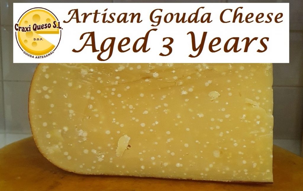 Close-up of Gouda 3 Years, an authentic Dutch aged cheese with a firm texture, and natural protein crystals