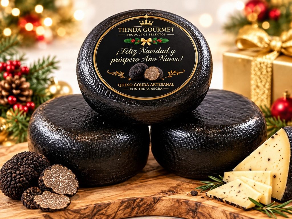 Artisan Dutch Gouda cheese with black truffle personalised with a company logo for corporate Christmas and New Year gifts.