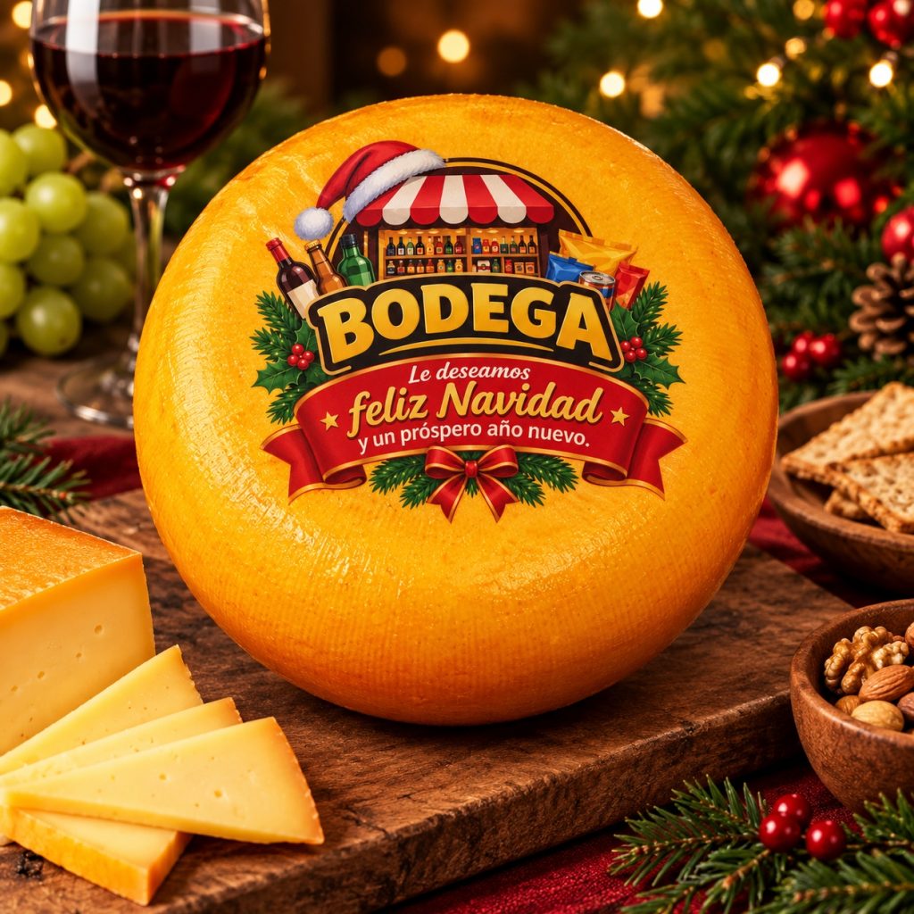 Gourmet food gifts for businesses. Personalized Gouda cheese featuring your company logo and Christmas and New Year's greetings.