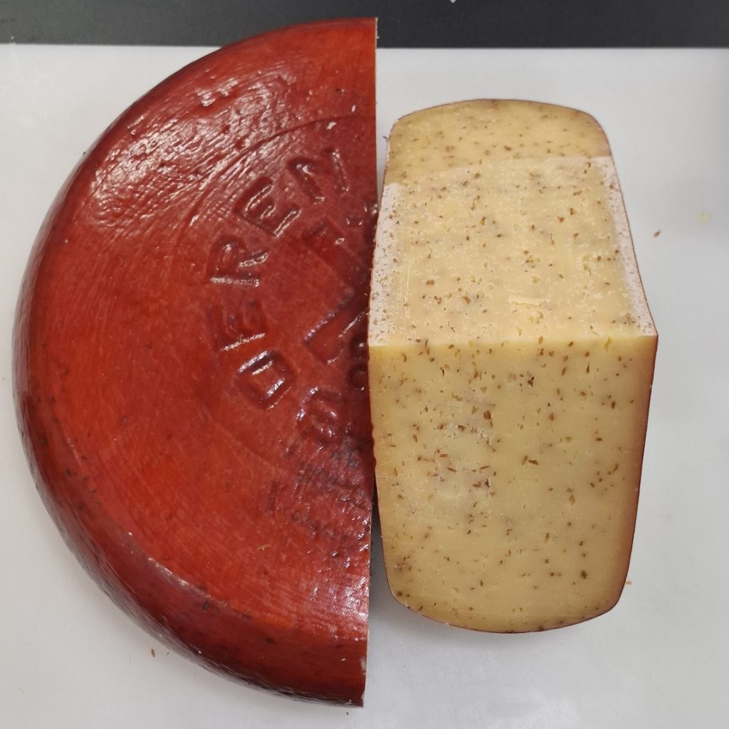 Low fat Leiden cheese (Leidse kaas) with cumin for sale at Craxi Queso—a shop specializing in artisanal Dutch cheeses in Málaga—or available for online purchase in Spain.